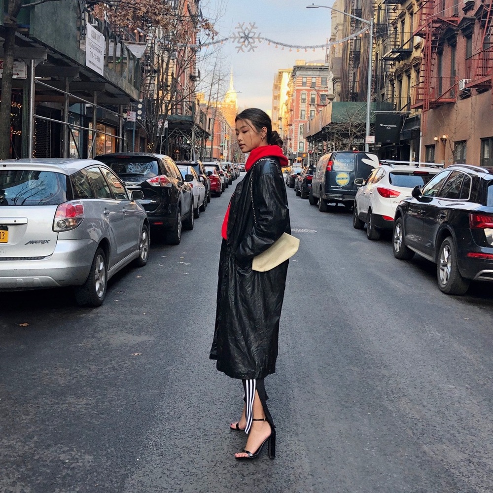 Leather long line trench coat